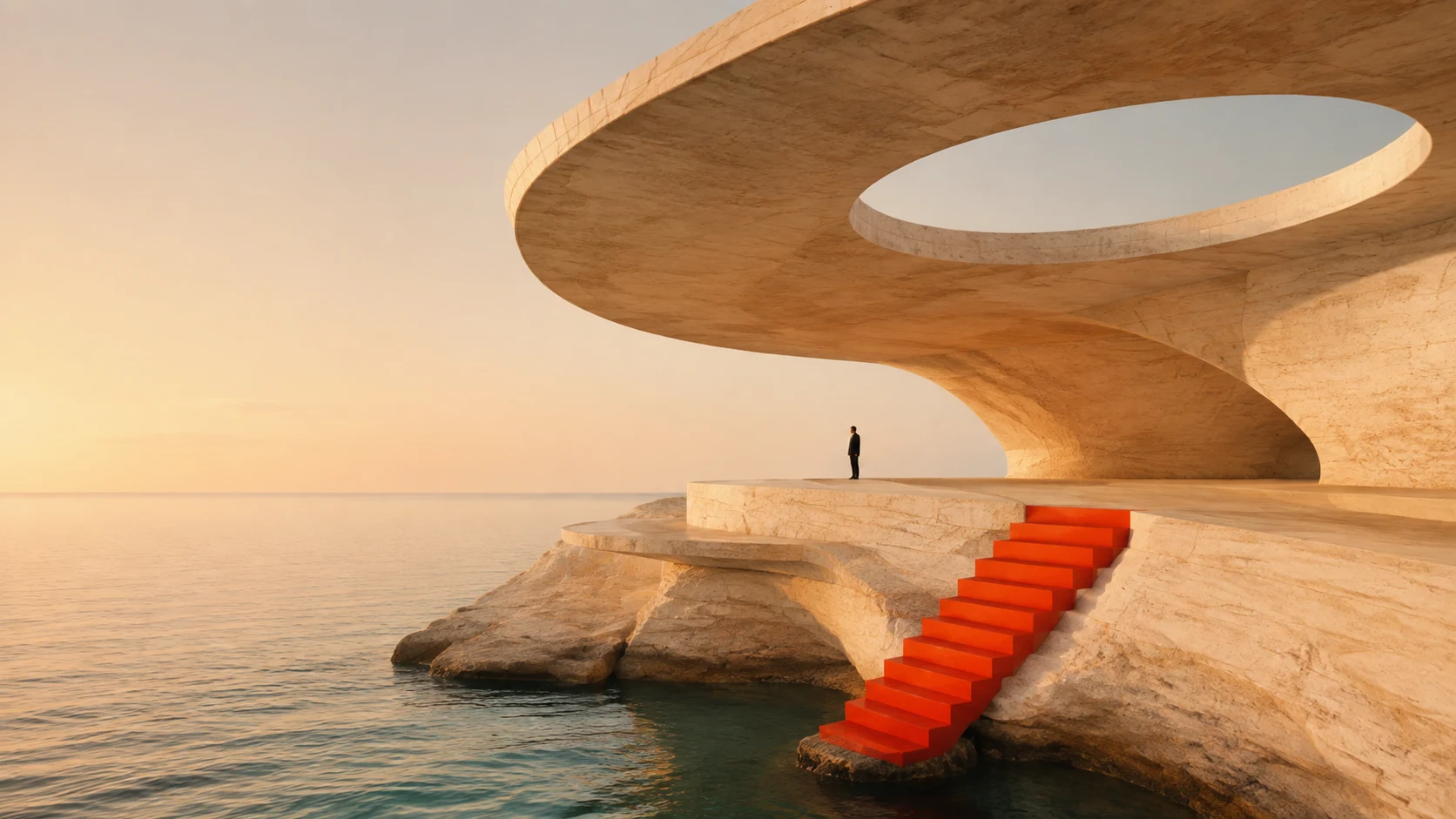 A sculptural stone pavilion with orange steps descending to the sea